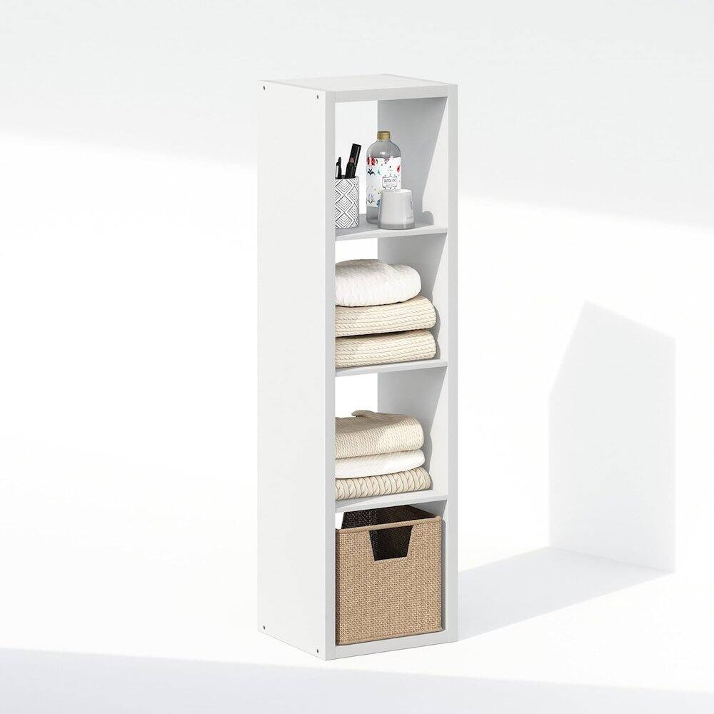 Back. FurniFact - White Wood 4 Cube Storage Organizer with Open Back Vertical Cube Storage - White.