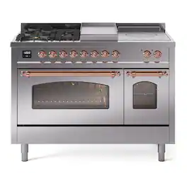 ILVE - Nostalgie II Series 48 in. Dual Fuel Range with 5 Sealed Burners + Griddle (Liquid Propane, Copper Trim) - Stainless Steel