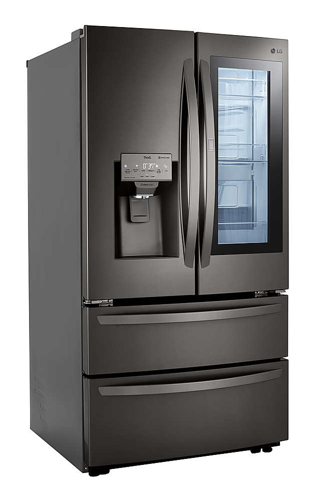Angle View: LG - 28 Cu.Ft. 4-Door French Door Smart Refrigerator with InstaView, Dual Ice with Craft Ice, and Double Freezer - Black stainless steel