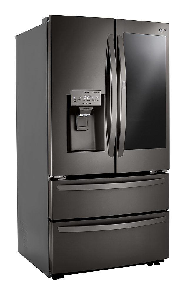 Left View: Samsung - 29 cu. ft. 4-Door Flex™ French Door Refrigerator with WiFi, AutoFill Water Pitcher & Dual Ice Maker - Black stainless steel