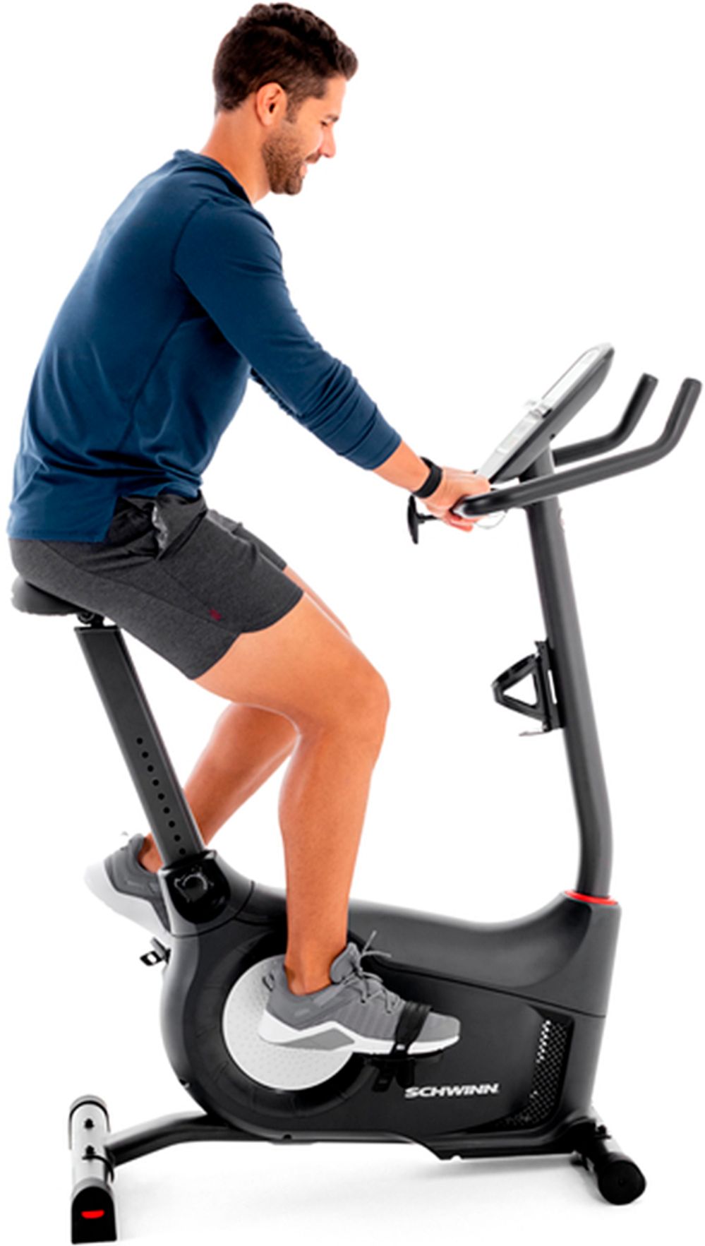 Left View: Schwinn 130 Upright Exercise Bike with Explore the World and Zwift Compatibility
