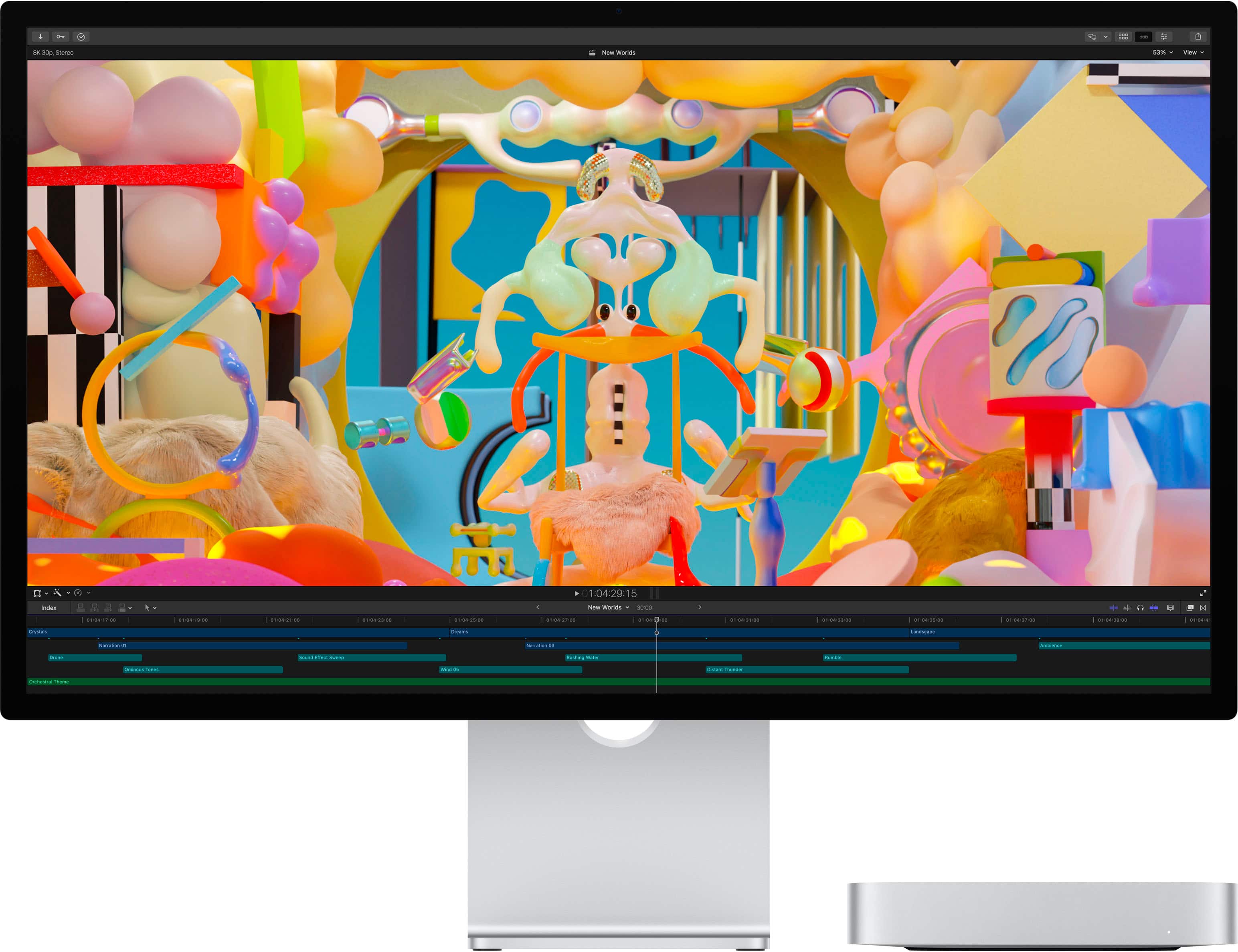 The image features a desktop computer tower with a monitor displaying a colorful and vibrant image. The computer tower is placed on a desk, and the monitor is positioned in front of it. The image is visually appealing and showcases the capabilities of the computer system.