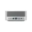 The image features a desktop computer tower with a sleek design and a silver color. The computer tower has a large speaker on the front, which is likely used for enhanced audio output. The tower is placed on a white background, which highlights its modern appearance.