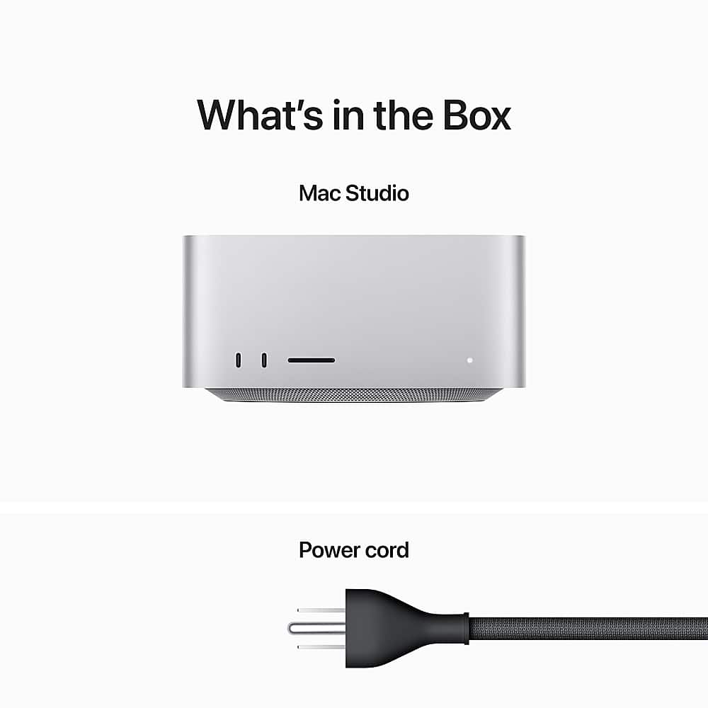 The image shows a Mac Studio computer tower with a power cord plugged into it. The box is opened, revealing the computer tower and its power cord. The image is a close-up of the computer tower and the power cord, emphasizing the connection between the two.