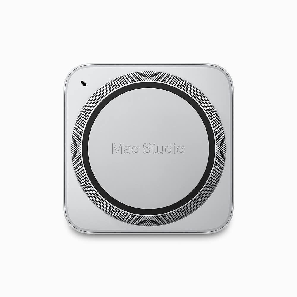 The image features a Mac Studio, which is a desktop computer tower. The Mac Studio is a powerful and sleek device, designed to provide users with an efficient and high-performance computing experience. The image showcases the front of the Mac Studio, highlighting its unique design and features.