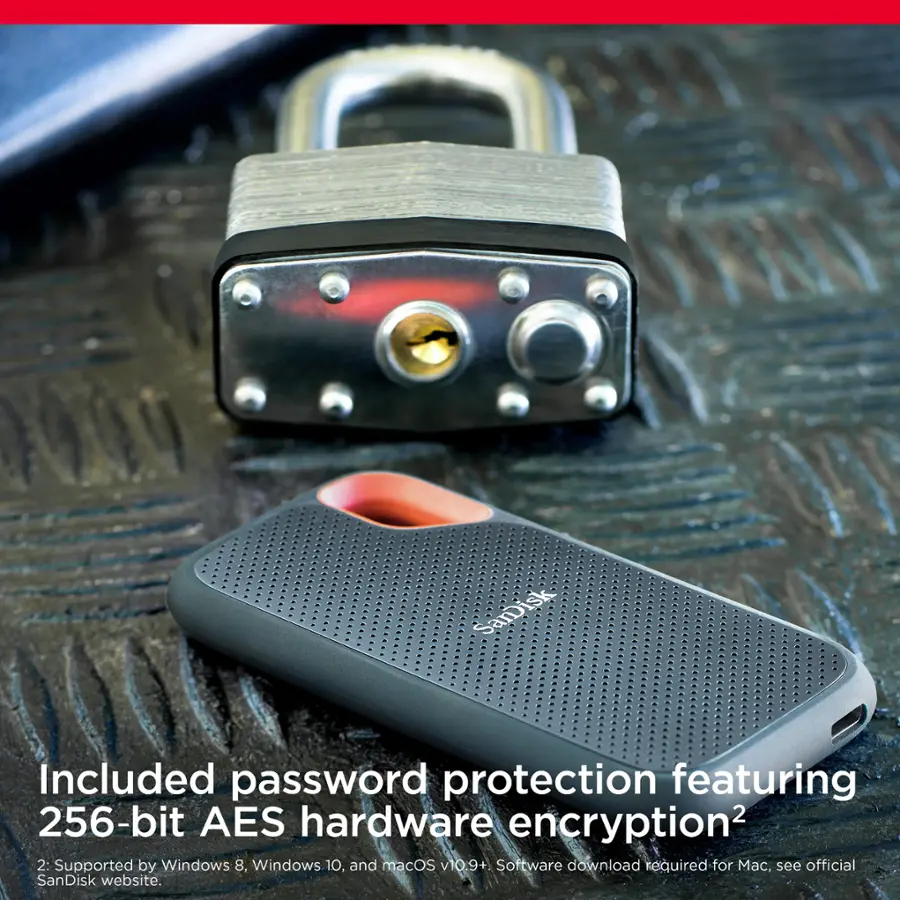Included password protection featuring 256-bit AES hardware encryption. Supported by Windows 8, Windows 10, and macOS 10.9+. Software download required for Windows 7, see official SanDisk website.