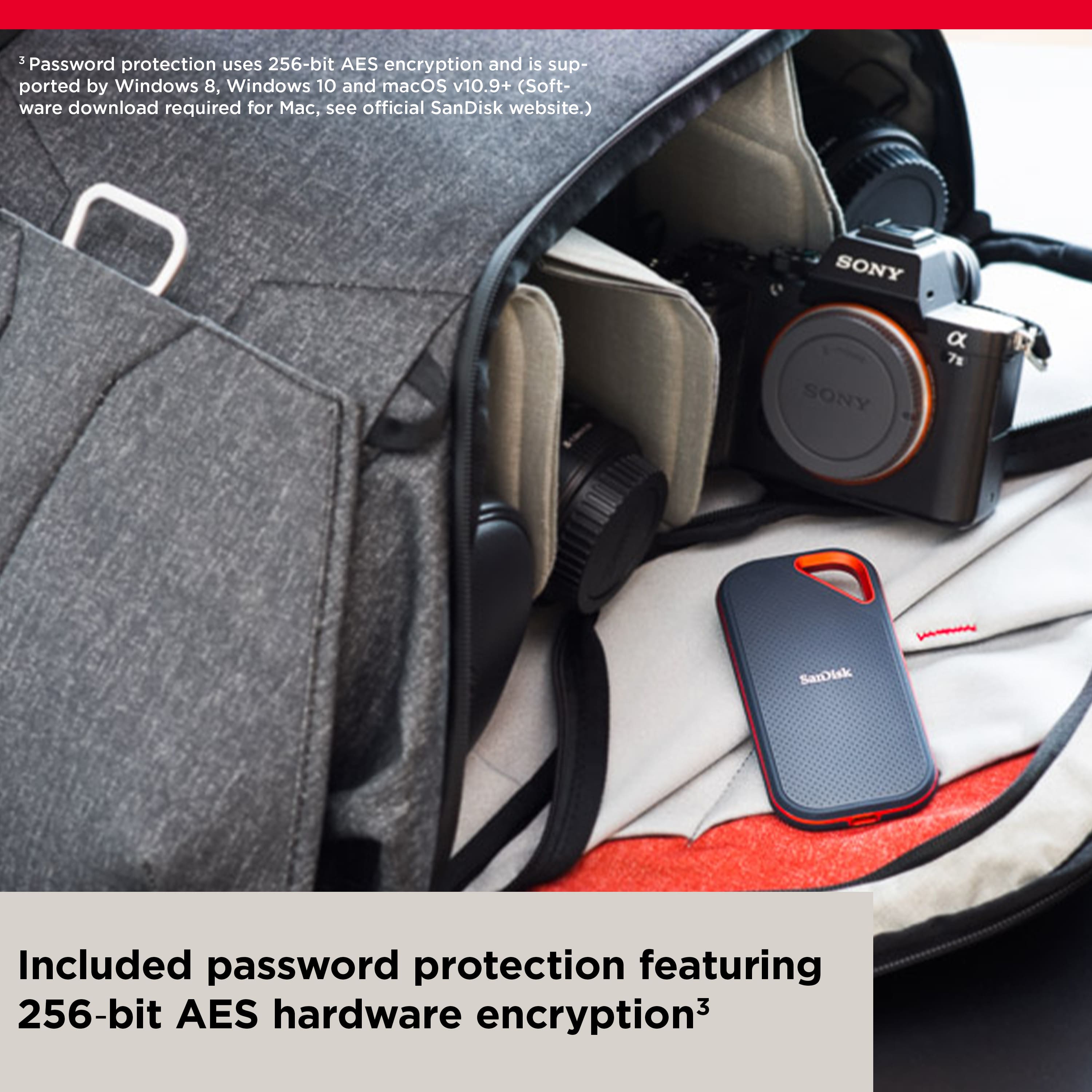 Password protection uses 256-bit AES encryption and is supported by Windows 8, Windows 10, and macOS v10.9+ (Software download required for macOS, see official SanDisk website.) The Sony camera is also included in the bag, along with the SanDisk memory card.