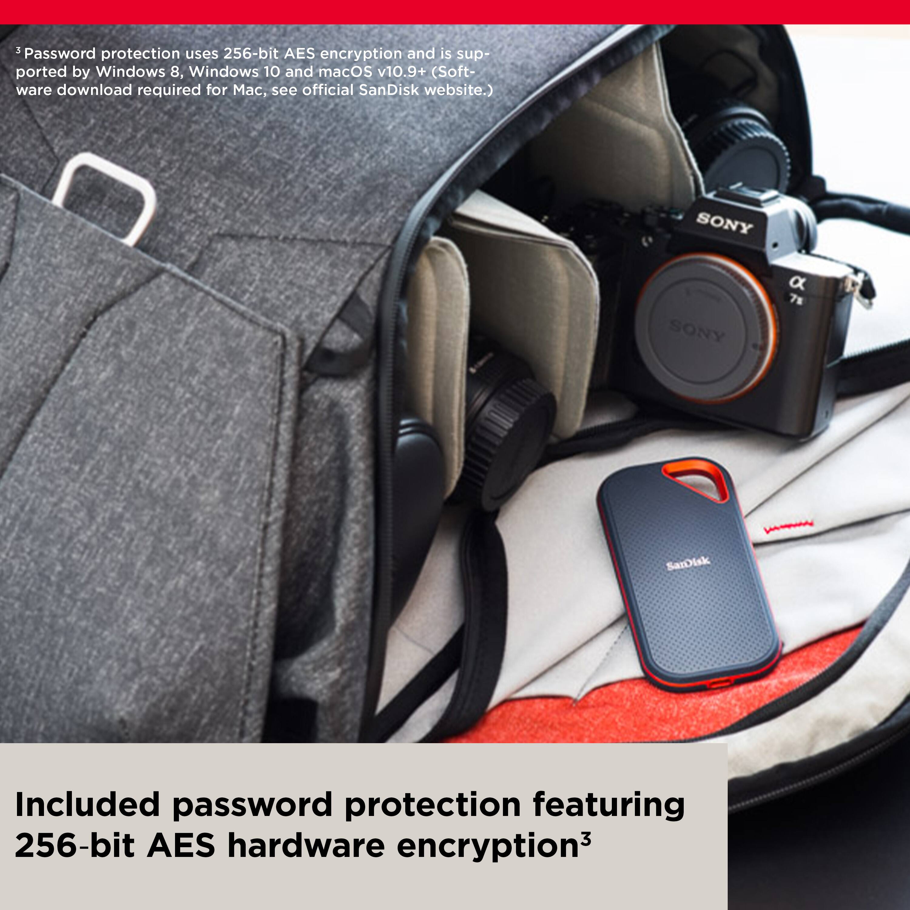 Password protection uses 256-bit AES encryption and is supported by Windows 8, Windows 10, and macOS v10.9+ (Software download required for macOS, see official SanDisk website.) The Sony camera is also included in the bag, along with the SanDisk memory card.