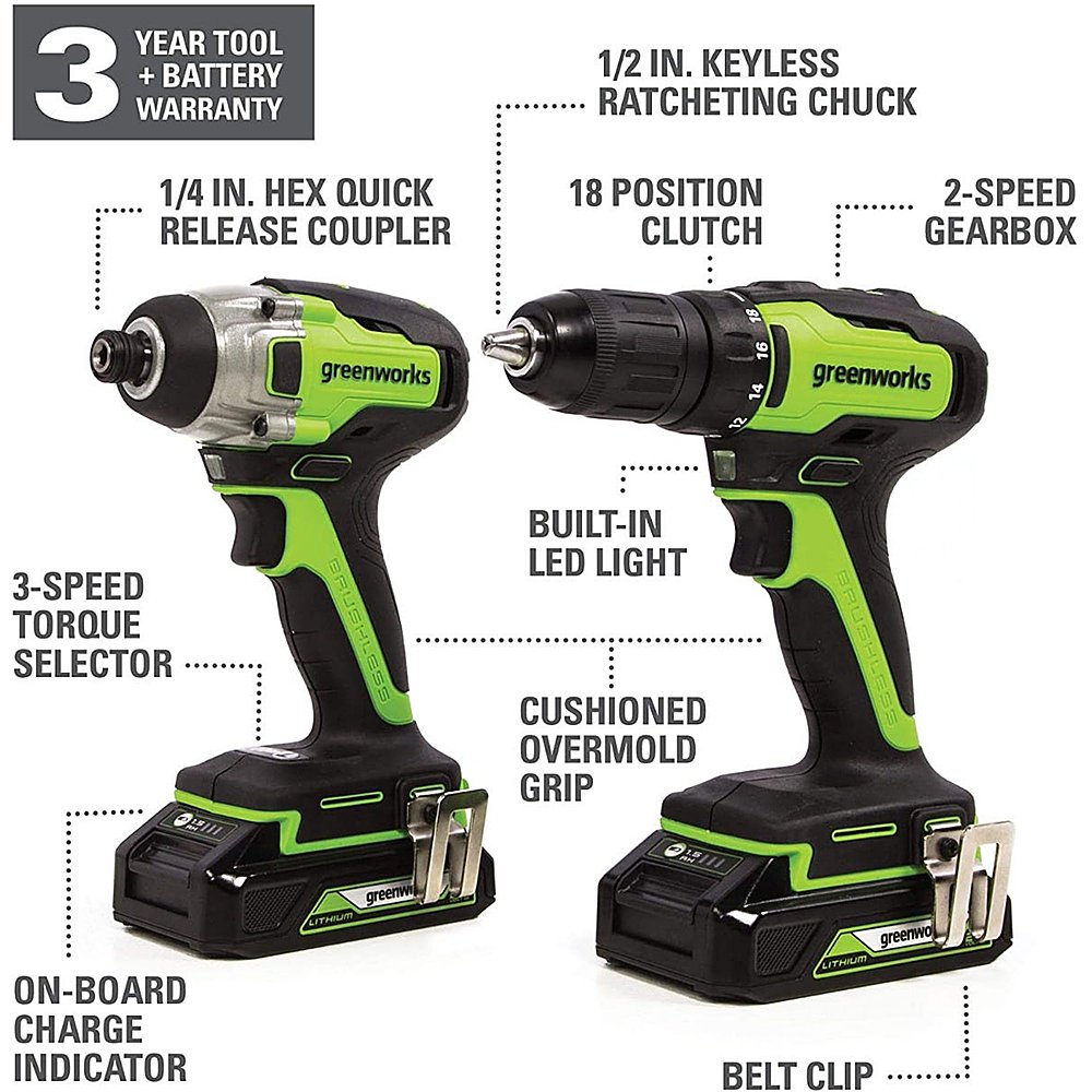 Angle View: Greenworks - 24-Volt Cordless Brushless 1/2 in. Drill/Driver & Impact Driver Combo (2 x 2.0Ah USB Batteries and Dual Port Charger)