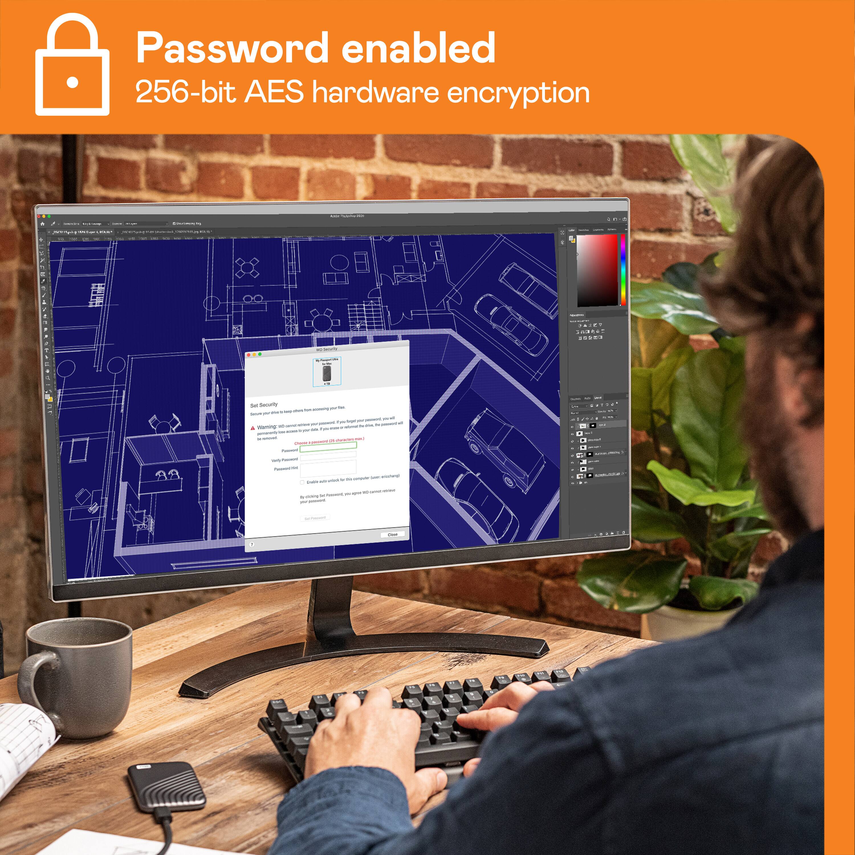 Password enabled 256-bit AES hardware encryption.