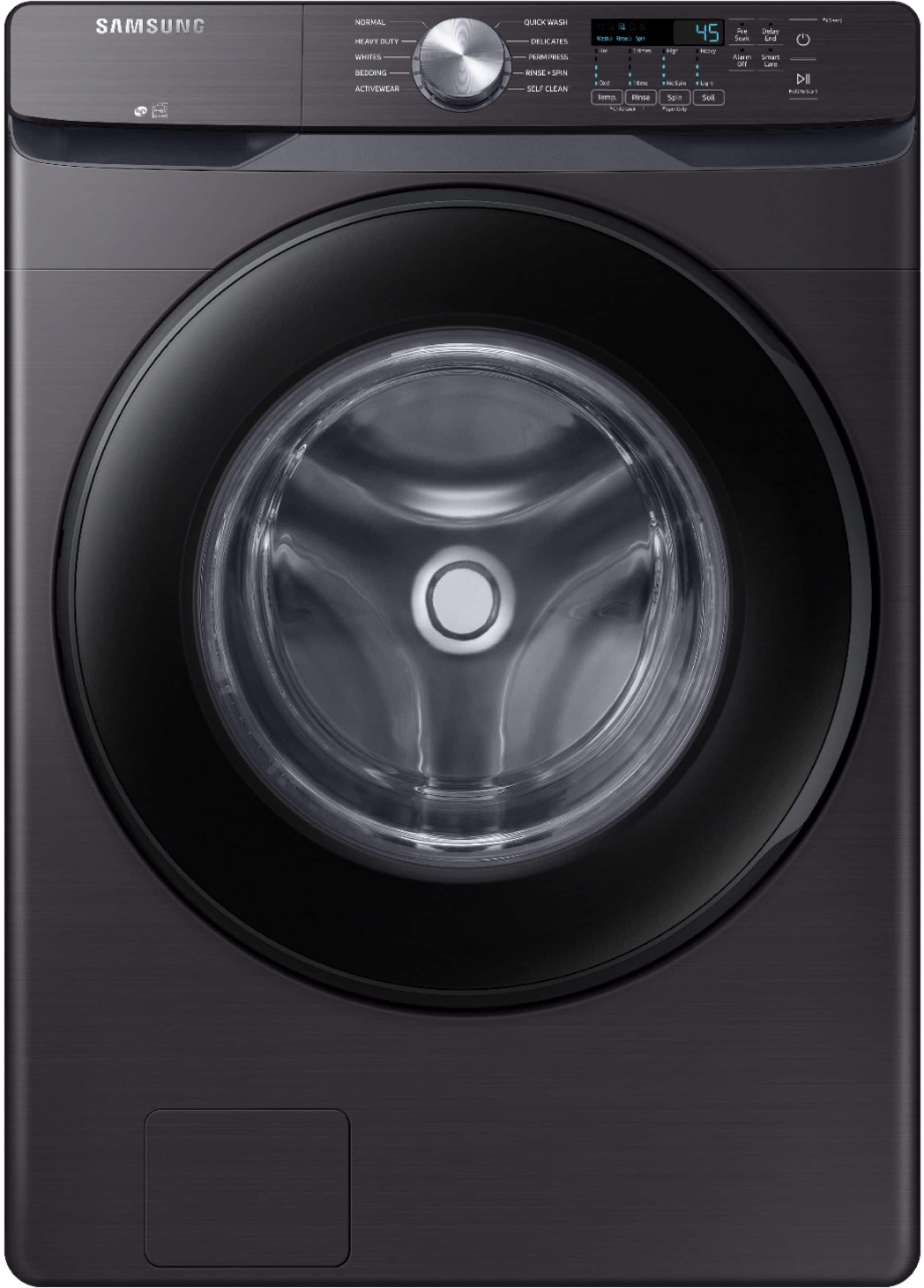 Front. Samsung - 4.5 Cu. Ft. High Efficiency Stackable Smart Front Load Washer with Vibration Reduction Technology+ - Fingerprint Resistant Black Stainless Steel.