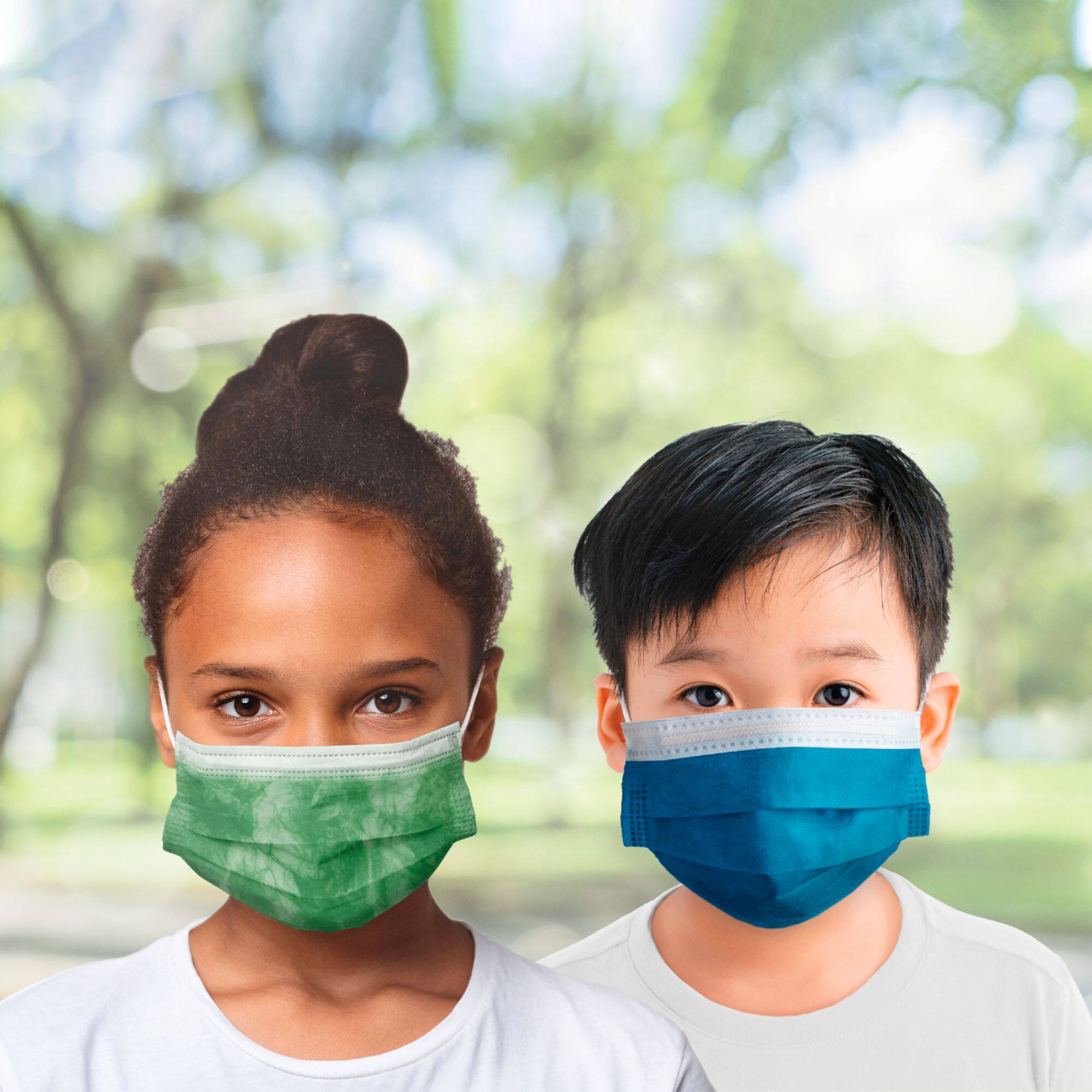 Angle. FLTR - Kid's General Use Face Masks 10-Pack - Blue.