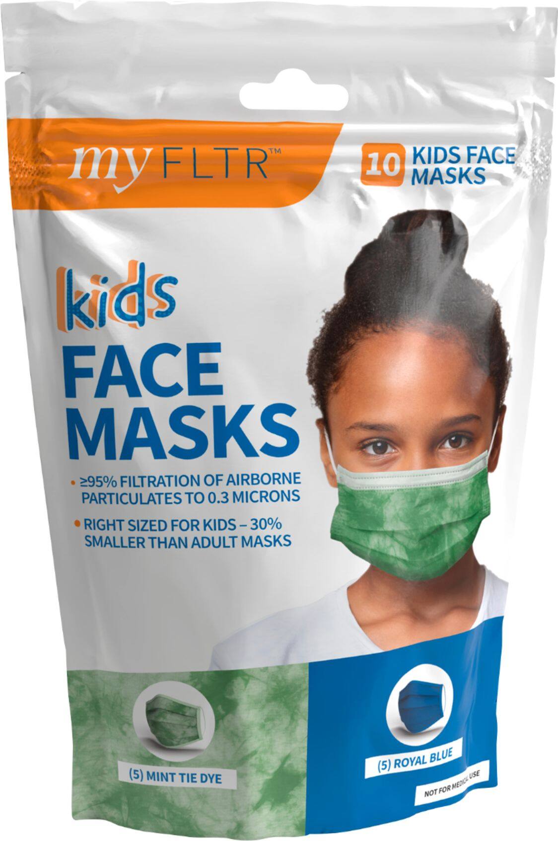 Front. FLTR - Kid's General Use Face Masks 10-Pack - Blue.