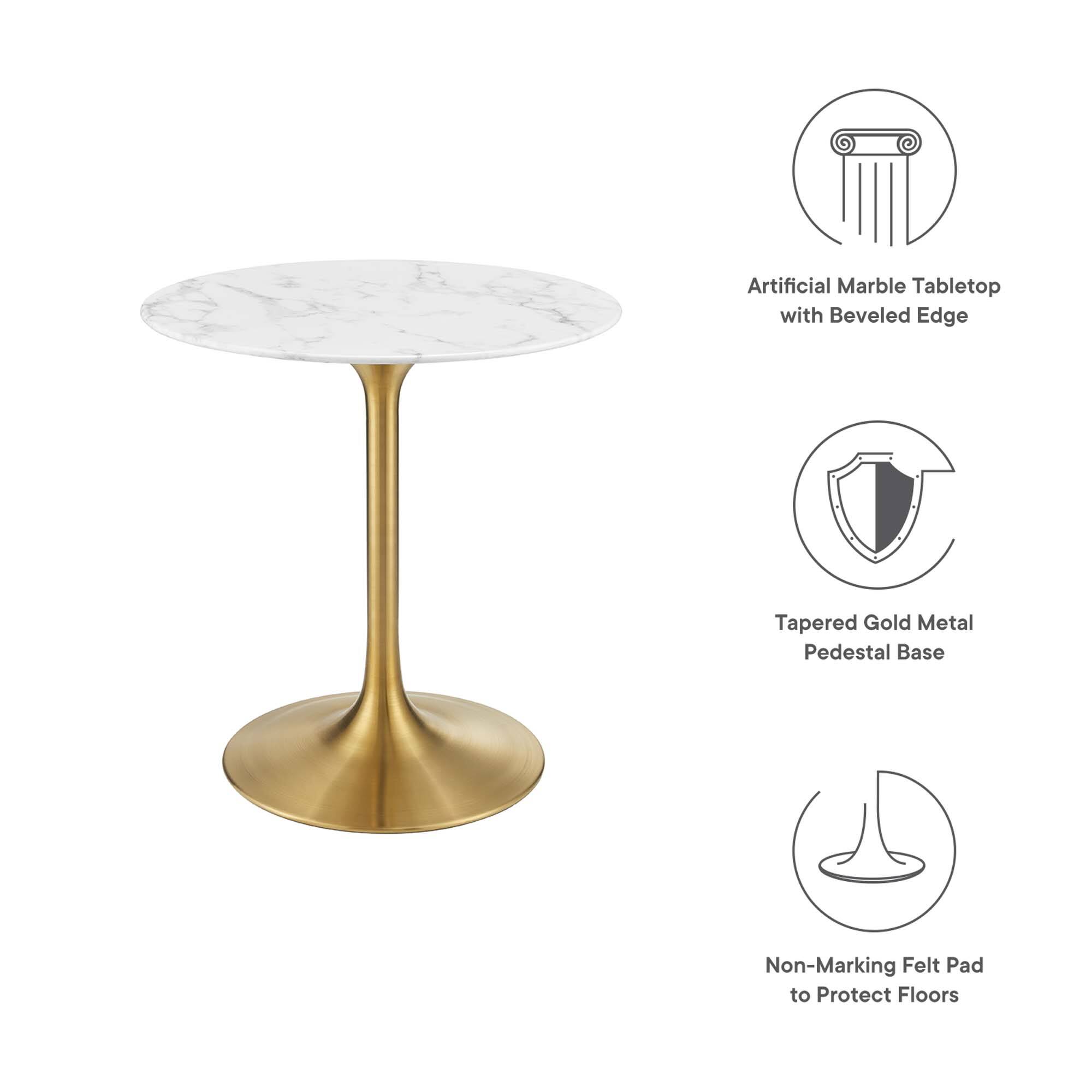 Artificial Marble Tabletop with Beveled Edge  
Tapered Gold Metal Pedestal Base  
Non-Marking Felt Pad to Protect Floors