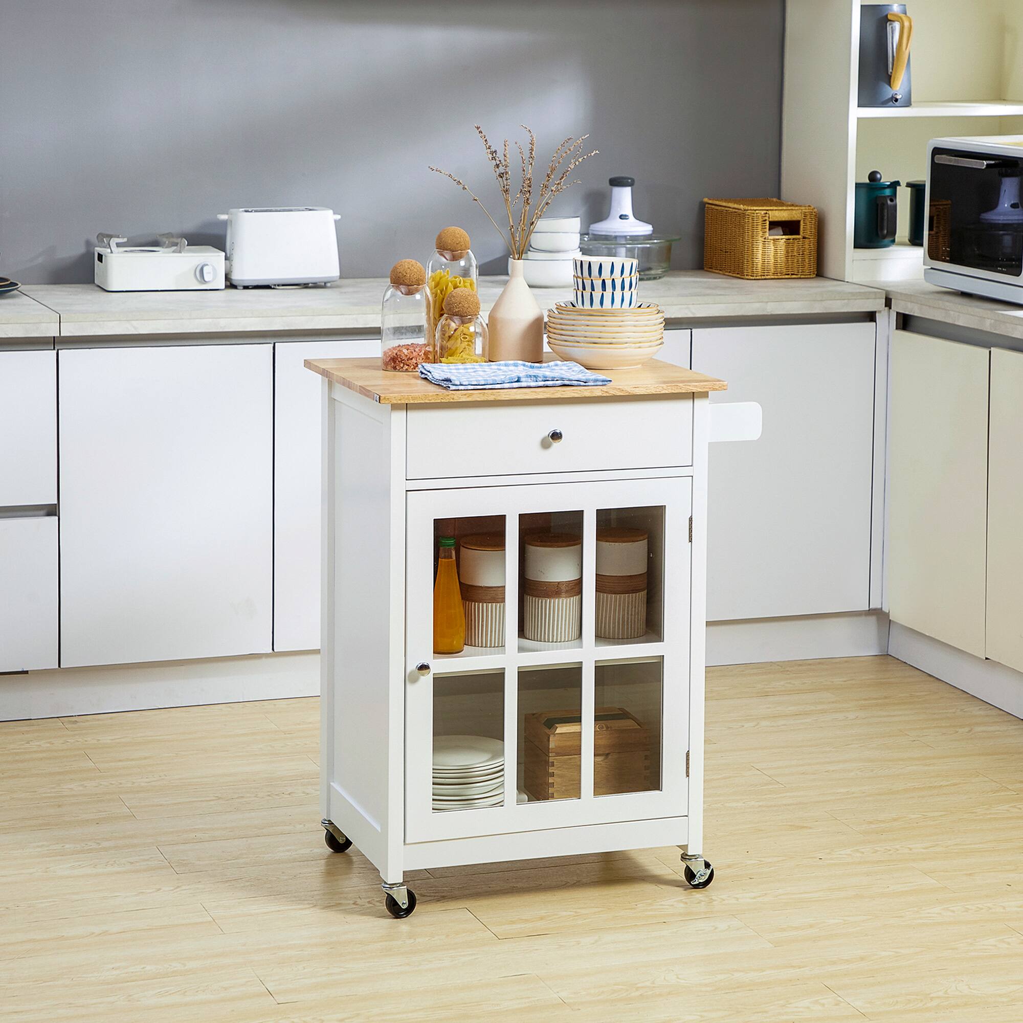 Alt View 1. Homcom - 27" Rolling Kitchen Island Cart with Drawer and Glass Door Cabinet, Kitchen Trolley with Adjustable Shelf and Towel Rake - White.