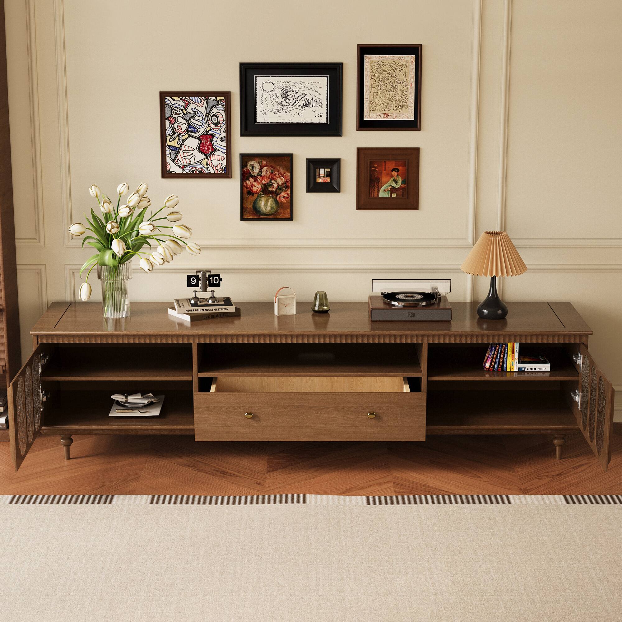 Left. luck idea - 78.74" TV Stand with Large Storage Drawers, Metal Handles & Solid Wood Legs - Walnut Color.