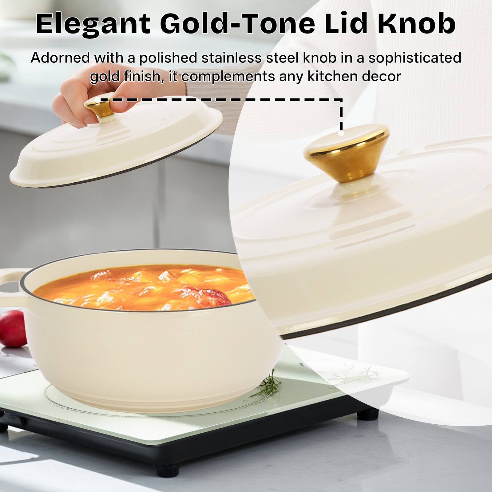 Elegant Gold-Tone Lid Knob

Adorned with a polished stainless steel knob in a sophisticated gold finish, it complements any kitchen decor.