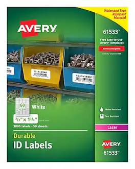 Avery - Durable ID Labels, Permanent Adhesive, 3000 Labels, 0.67"H x 1.75"W, Rectangle, Laser, Polyester, 50 Sheet - White