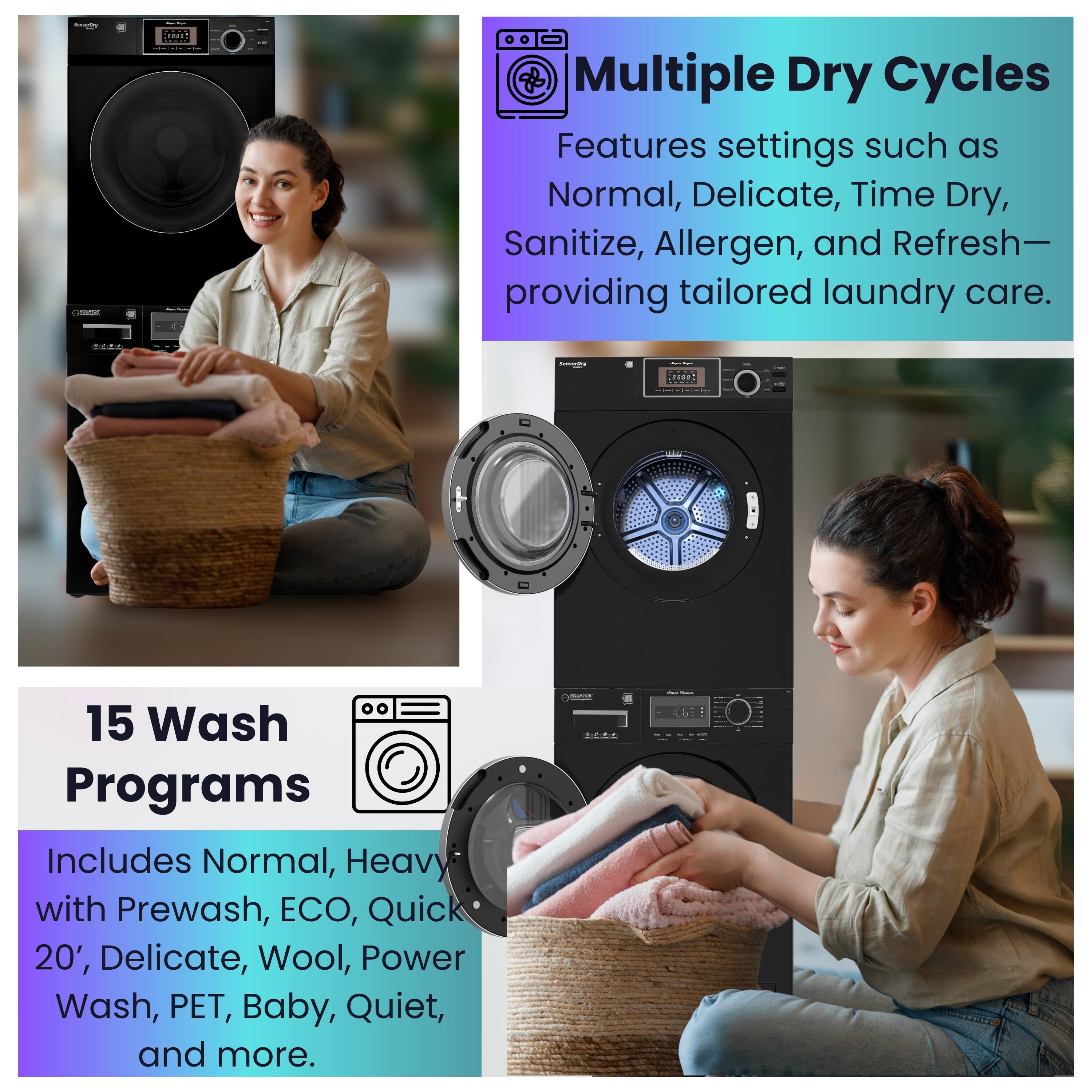 - Multiple Dry Cycles: Features settings such as Normal, Delicate, Time Dry, Sanitize, Allergen, and Refresh—providing tailored laundry care.
- 15 Wash Programs: Includes Normal, Heavy with Prewash, ECO, Quick 20', Delicate, Wool, Power Wash, PET, Baby, Quiet, and more.