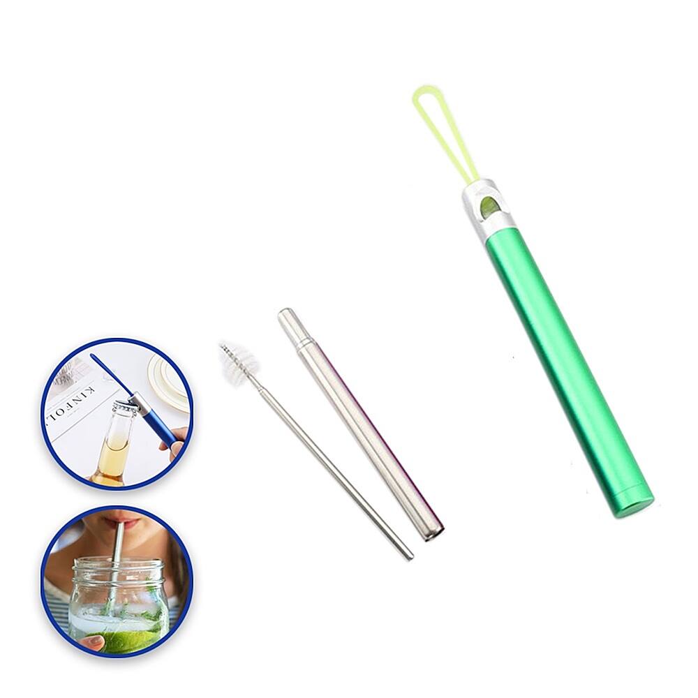 Angle. METALSTR - Stainless Steel Collapsible Reusable Straw with Bottle Opener - - Green.