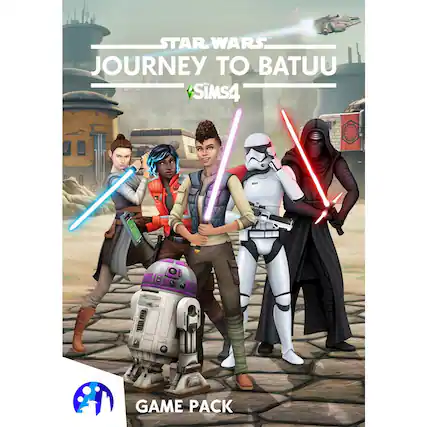 The image features a group of five characters from the Star Wars universe, standing together and holding lightsabers. They are part of a game pack for The Sims 4, which is a popular video game. The characters are likely from the Journey to Batuu game pack, which adds a Star Wars theme to the game. The characters are positioned in a way that they appear to be posing for a picture, showcasing their lightsabers and the exciting gameplay that the pack offers. - T (Teen 13+)