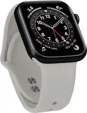 The image features a white watch with a black face, which is an Apple Watch. The watch displays the time as 12:10. The watch is designed to track activities and is equipped with a smart band. The watch face has a clean and minimalist design, with the time and date prominently displayed.