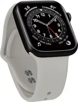 The image features a white watch with a black face, which is an Apple Watch. The watch displays the time as 12:10. The watch is designed to track activities and is equipped with a smart band. The watch face has a clean and minimalist design, with the time and date prominently displayed.