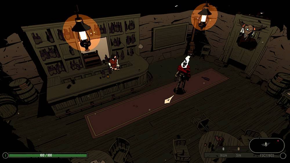 The image features a black and white scene with a man standing in a room with a dining table and a chair. There are two lamps in the room, one on the left side and another on the right side. The man appears to be holding a knife, and there is a bottle located near the center of the room. The image is a part of a video game, and the man is likely a character in the game.