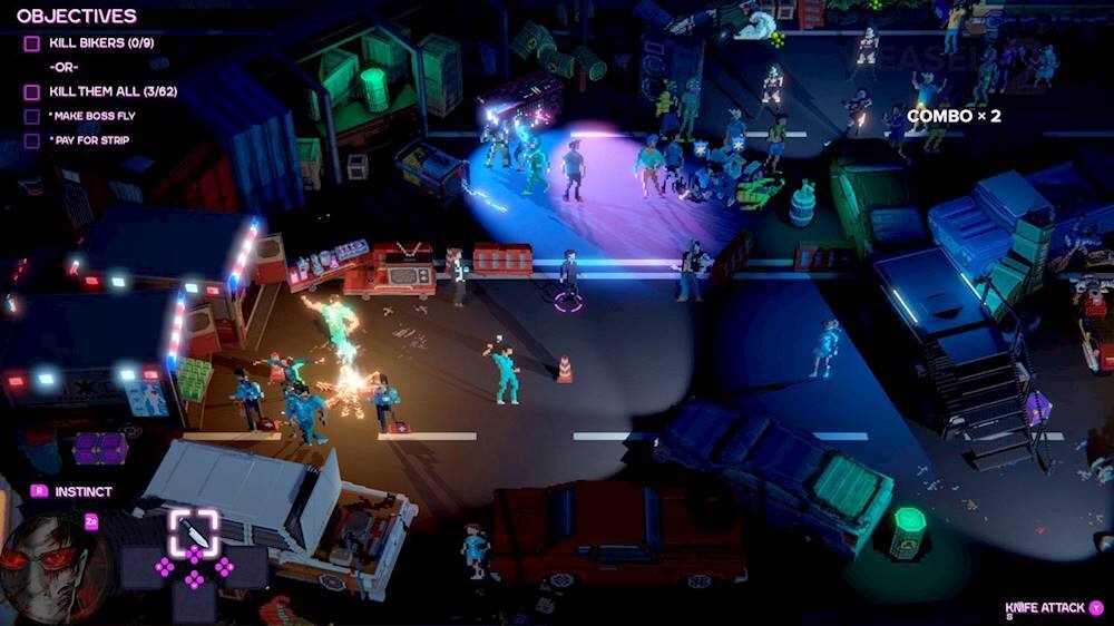Objectives:

1. Kill Bikers (0/9)
2. Kill them all (3/62)
3. Make boss fly
4. Easy combo x 2
5. Pay for strip
6. Instinct with knife attack

In the image, there is a group of people fighting in a dark area with a purple light. The objective is to kill the bikers or kill them all, depending on the player's preference. The player can also make the boss fly, perform an easy combo, and pay for strip. Additionally, using the Instinct with a knife attack can be helpful in achieving the objectives.