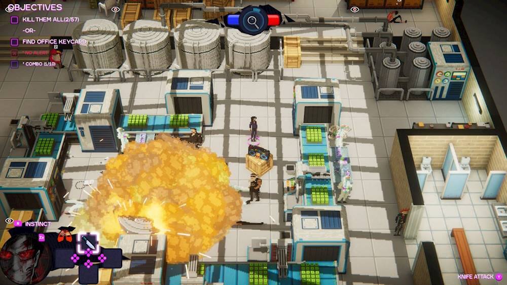 The image features a video game with the objective to kill all the people in the scene. The game is set in a kitchen area with various appliances such as a refrigerator, oven, and sink. There are also several bottles and a bowl in the scene. The player is equipped with a knife, which can be used to attack the people in the game. The game appears to be a first-person shooter, with the player's viewpoint being from the perspective of the person holding the knife.