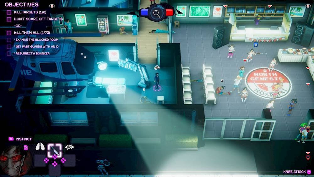 Objectives:

1. Kill targets (1/8)
2. Don't scare off targets or kill them all (4/73)
3. Examine the blocked room
4. Get past guards with an ID
5. Resurrect a bouncer
6. Boost your reputation to level 100 or 101
7. Instinct: Use a knife attack
8. Genesis Hospital (14/73)