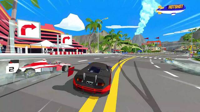 The image features a video game with a black car racing down a street, passing by a white car. The street is lined with buildings, and there are palm trees in the background. The game is set in a tropical location, possibly in Hawaii. The car is racing towards a gas station, and there are other cars visible in the scene. The image captures the excitement and action of the racing game. - E (Everyone)