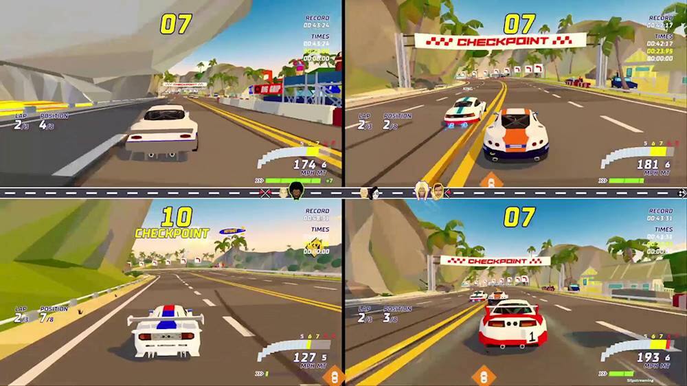 The image shows a video game featuring a race on a highway with several cars. The game displays the lap times and positions of the cars, with one car being in the lead. The image also shows the checkpoint record and the current lap record. The game is visually engaging and likely requires quick reflexes and strategic driving to succeed.