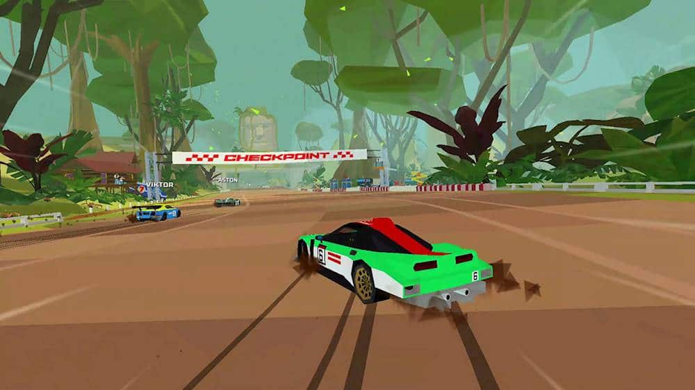 The image features a green and white race car driving down a dirt road, surrounded by trees. The car is racing down the road, possibly participating in a race or competition. The scene also includes a checkpoint sign, which might indicate a specific point of interest or a location where the race car needs to pass through.