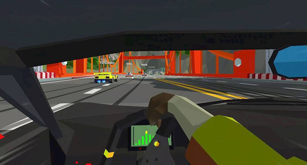 The image shows a person sitting in a car, likely a race car, with a steering wheel in front of them. The person is holding the steering wheel, and there are other cars visible in the scene. The image is described as a video game, which suggests that it is a digital representation of a racing game. The person in the car is the main focus of the image, and their actions and the surrounding environment are the primary elements of the scene.