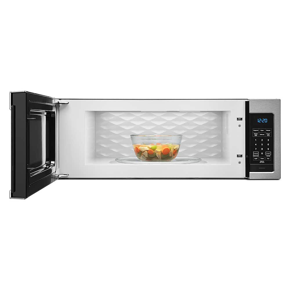 Left. Whirlpool - 1.1 Cu. Ft. Low Profile Over-the-Range Microwave Hood with 2-Speed Vent - Stainless Steel.