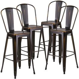 Emma + Oliver - Commercial Grade 4 Pack 30" High Distressed Metal Indoor-Outdoor Barstool with Back - Copper
