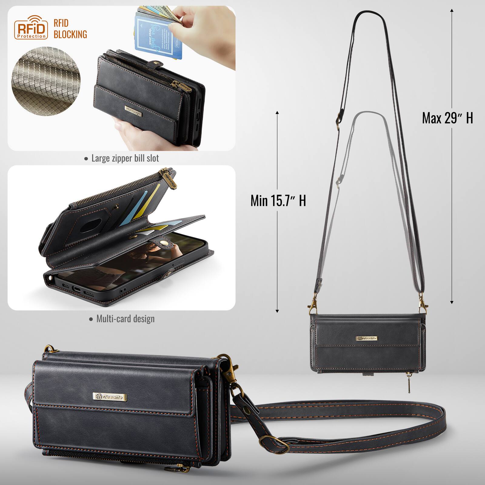 RFID Protection BLOCKING

- Large zipper bill slot
- Multi-card design

Max 29" H
Min 15.7" H