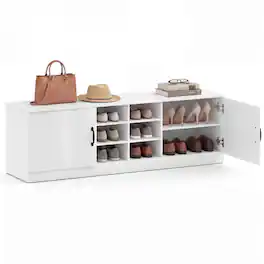 Costway - 2-Door Shoe Bench wirh Adjustable Shelves & 6 Compartments, Hidden Storage Space - White