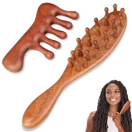 Front. DORLUKFU - 2 Pack Loc Comb for Sisterlocks, Wooden Scalp Massager for Dreadlocks, Sandalwood Wide Tooth Hair Comb for Microlocs,.