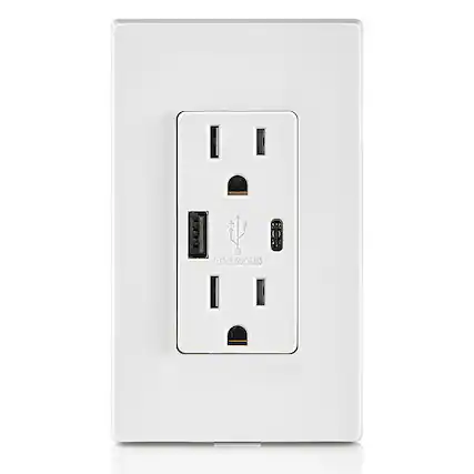 Front. Leviton - 5.1A/30WT Duplex Tamper-Resistant Outlets with USB A/C Dual Wall Chargers - White.