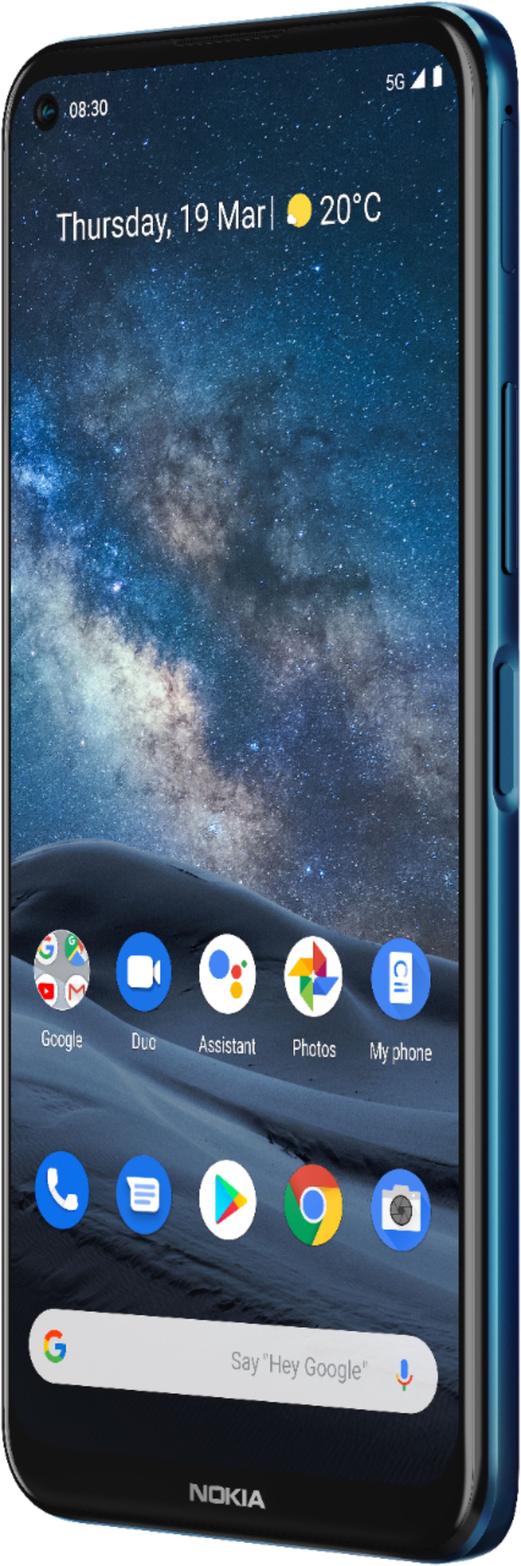 Left View: Google Pixel 4a with 5G - 5G smartphone - RAM 6 GB / Internal Memory 128 GB - OLED display - 6.2" - 2340 x 1080 pixels - 2x rear cameras 12.2 MP, 16 MP - front camera 8 MP - clearly white