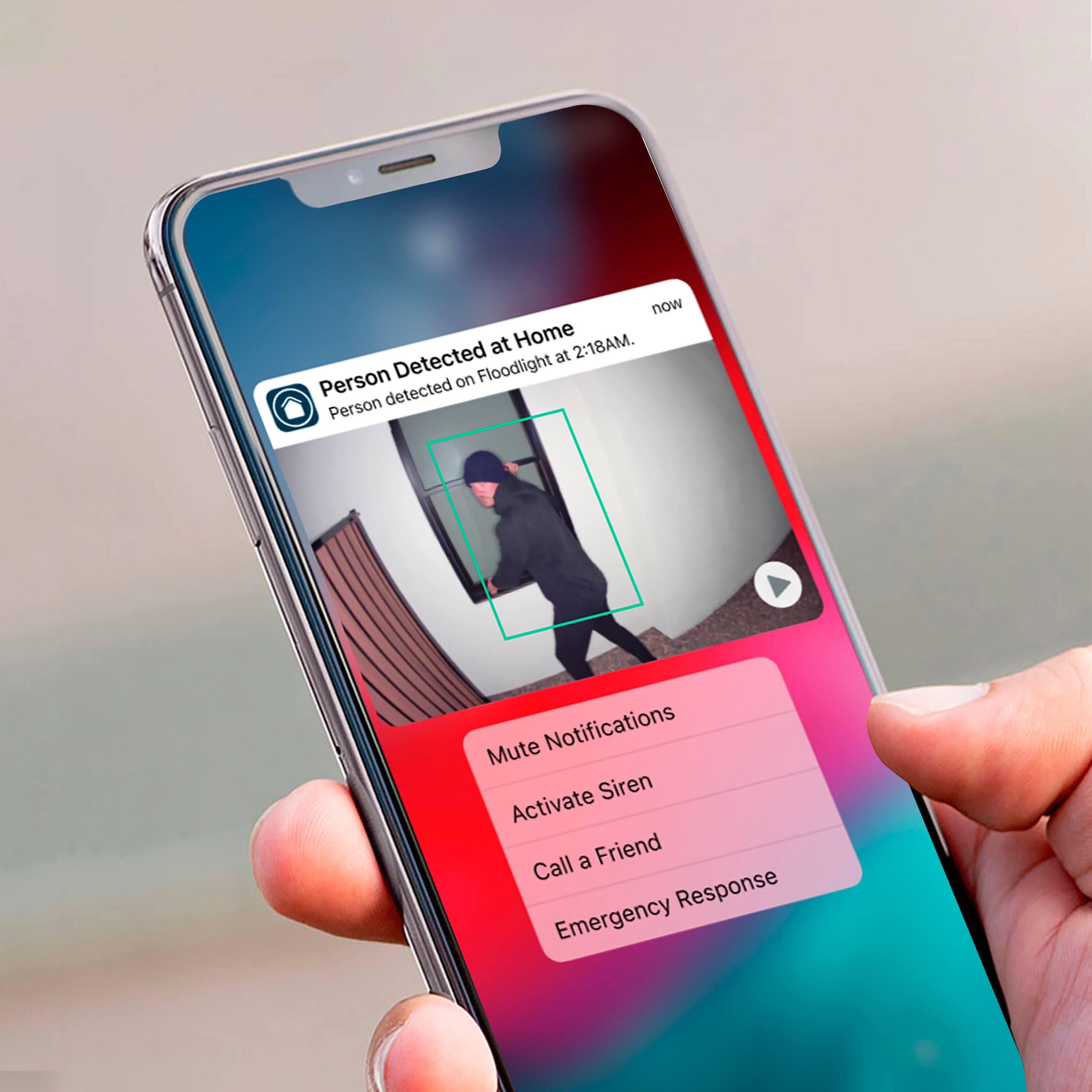 Reveal every detail, even at night. Capture the full picture with color night vision now at Home 2:18AM. Detected at Person on Floodlight. Mute Notifications. Siren. Activate a Friend Call Response. Emergency.