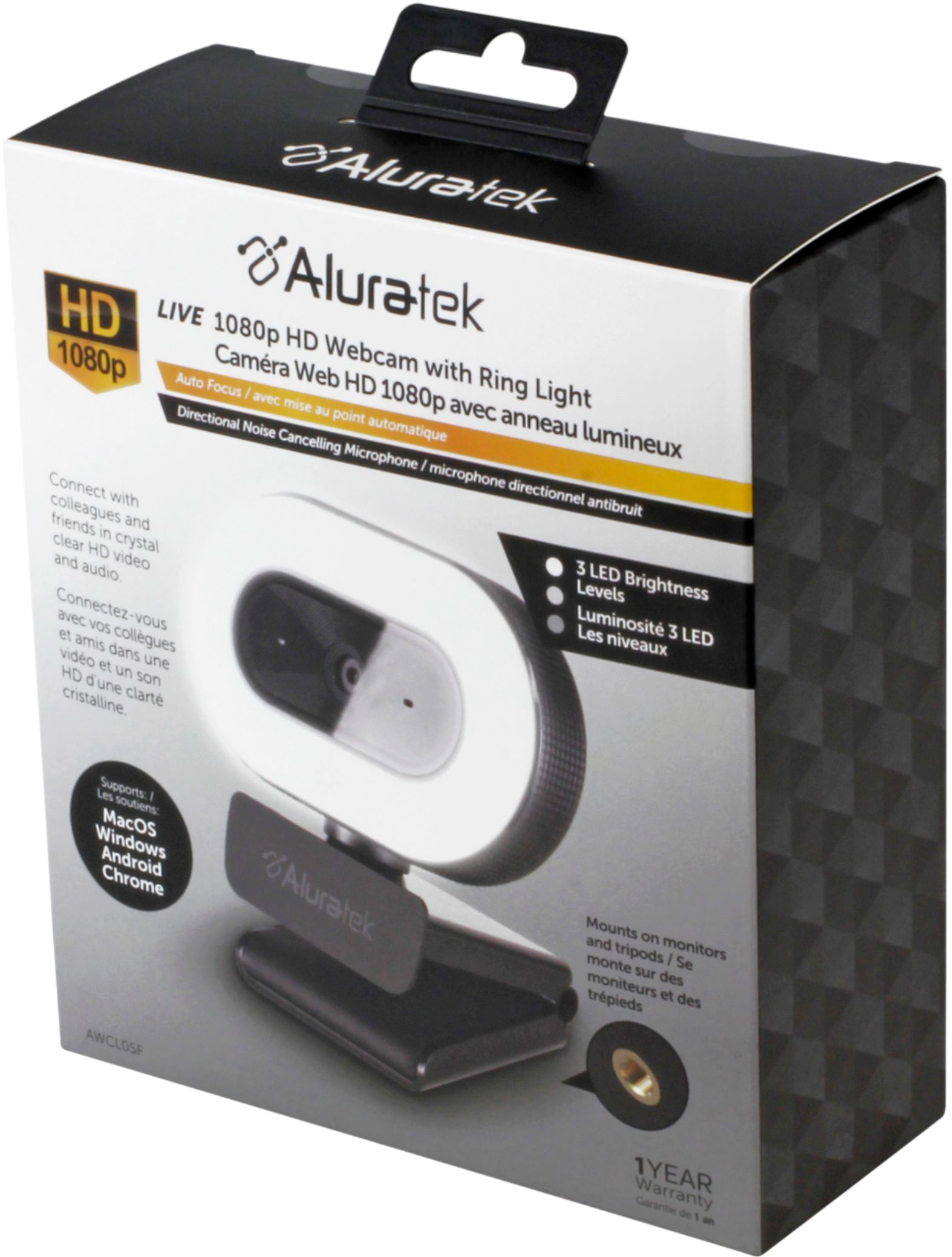 Aluratek - 1080P Live Webcam w/Adjustable Ring Light - Black