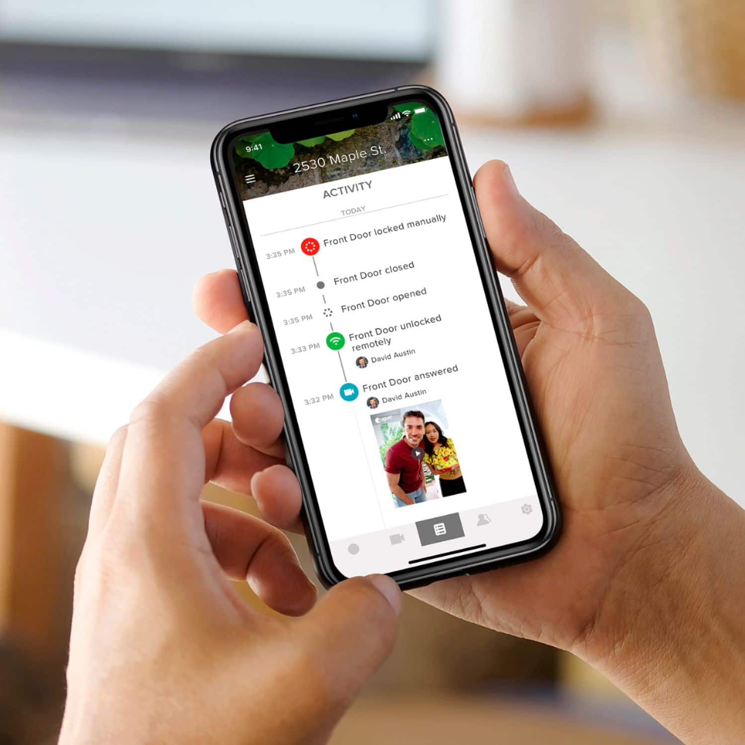 Activity Today: Locked manually Front Door 3:35 PM. Door closed Front 3:35 PM. Door opened Front 2:35 PM. Door unlocked Front 3:23 PM. Remotely Austin David. Door answered Front 3:22 PM.