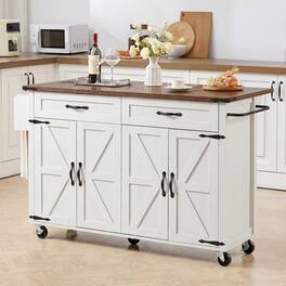 Loheer - 53.5" Farmhouse Kitchen Island with Drop Leaf, Rolling Kitchen Cart with Power Outlet - White