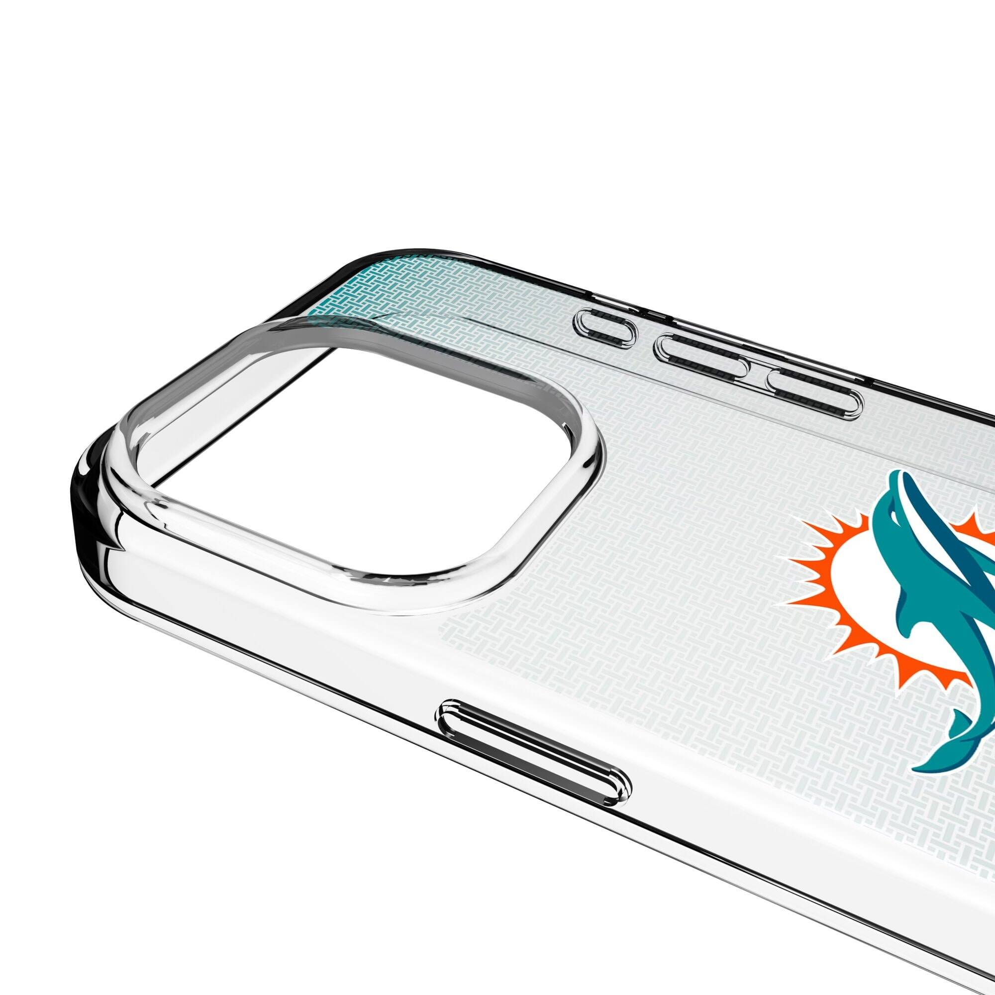 Alt View 2. Keyscaper - Miami Dolphins Linen Logo iPhone Clear Case - 15 Pro - Multicolor.