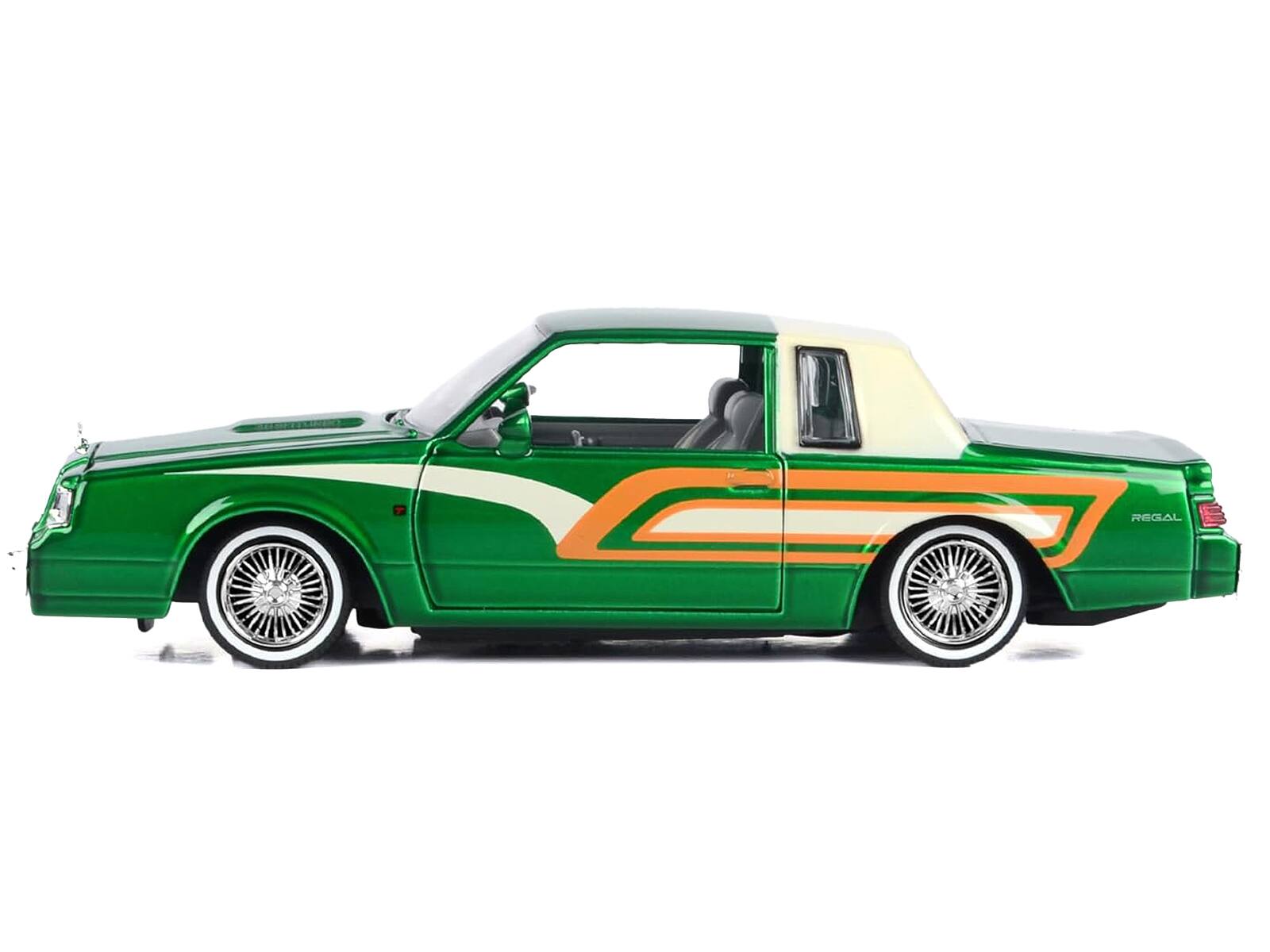 Alt View 3. Motormax - 1987 Buick Regal 3.8 SFI Turbo Green Metallic and Cream with Graphics "Get Low" Series 1/24 Model Car by Motormax.