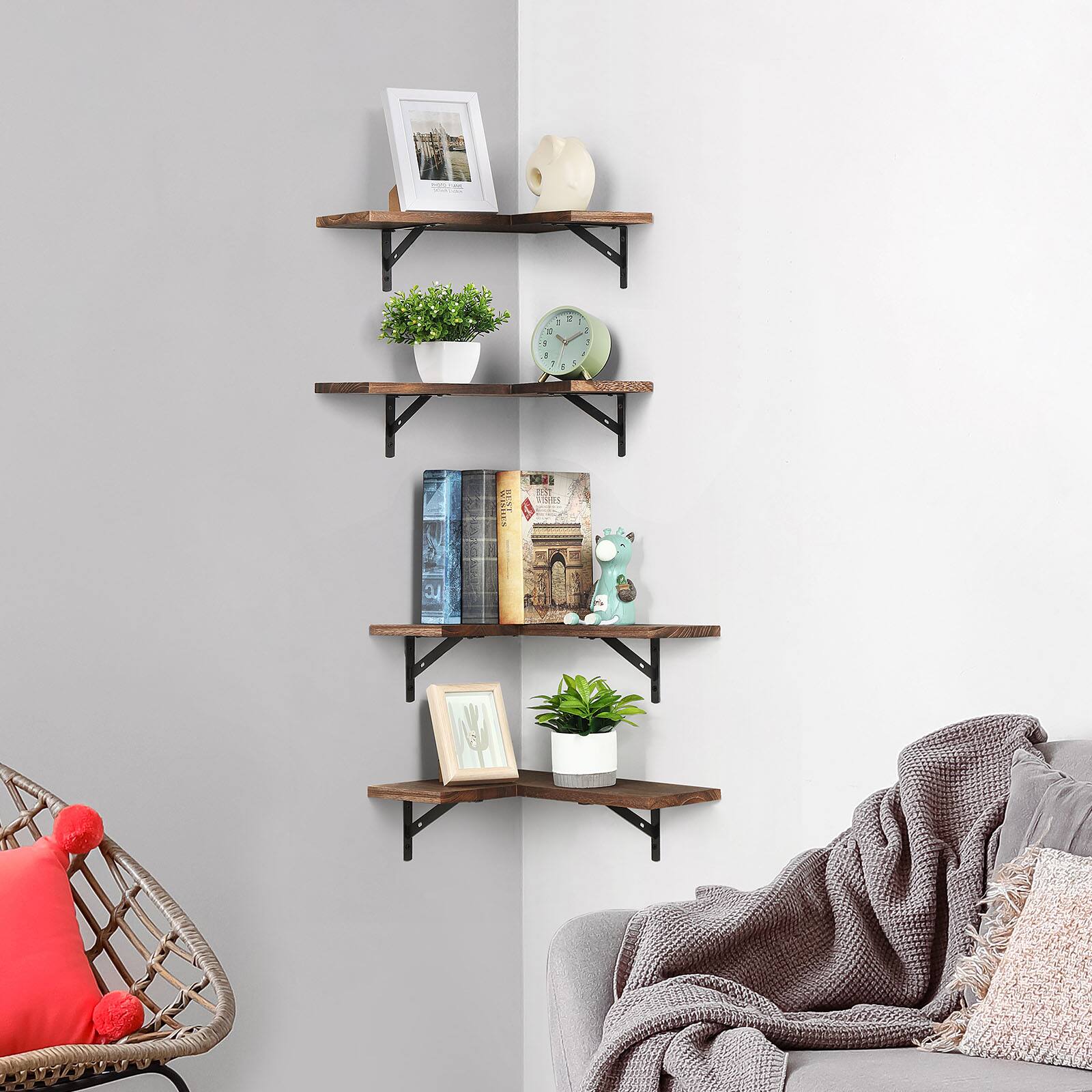 Alt View 2. Oumilen - Set of 4 L-Shaped Burnt Wood Corner Floating Shelves with Black Brackets - Brown.