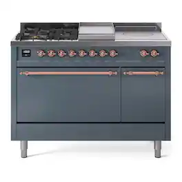 ILVE - Nostalgie II Series 48 in. Dual Fuel Range with 5 Sealed Burners + Griddle (Natural Gas, Copper Trim) - Blue Grey